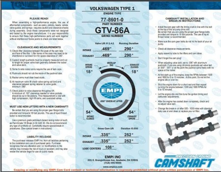 Arbre à cames GTV-86A Premium pour Coccinelle Volkswagen