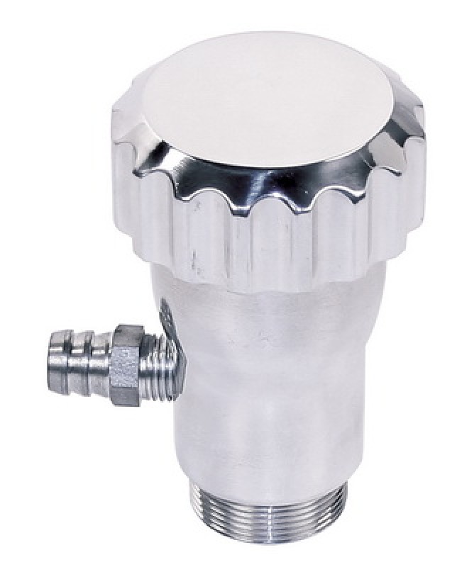 Remplissage d'huile en aluminium, Volkswagen Beetle, Karmann Ghia, Bus, Air-cooled, bouchon à canelures, aluminium poli, raccord 1/4" NPT, ligne de respiration, ventilation, compartiment moteur.