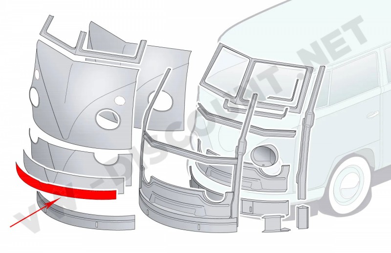 Tôle de Réparation Bas de Façade Avant avec Nez (10 cm de haut), Marque Autocraft, pour Combi Split Volkswagen 1955-1967211805031-100