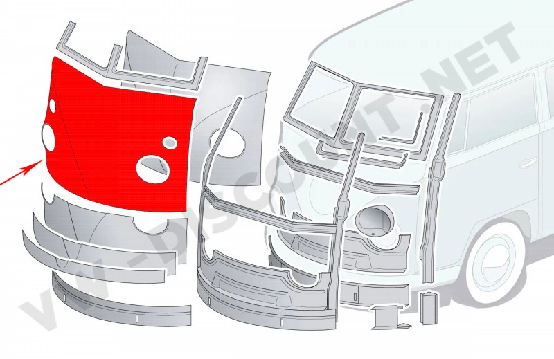 Panneau Avant Complet Sans Cadre Inférieur De Pare-Brise (Avec Découpes Pour Clignotants) Pour Bus 08/63-07/67 - Silver Weld Through 211805035C 211 805 035 C 