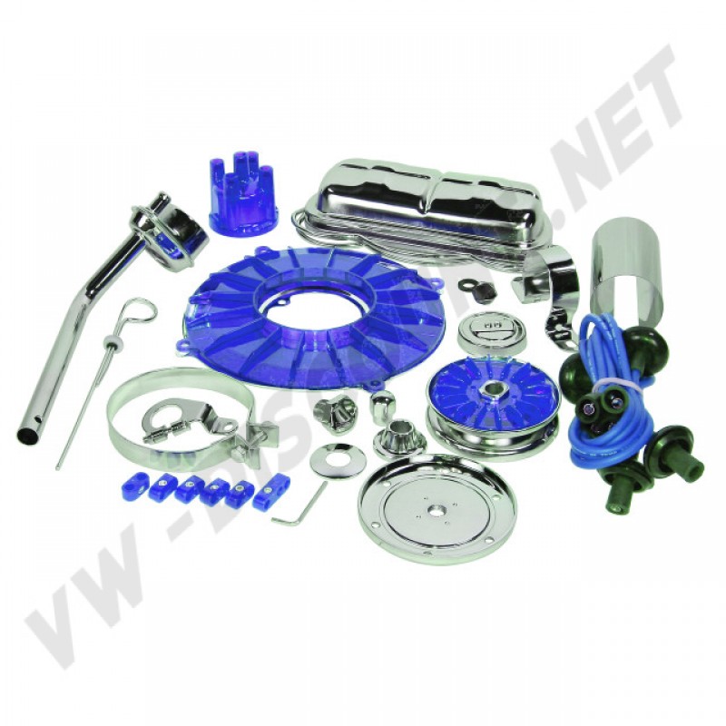 Kit moteur Deluxe Blue VW coccinelle, Kit moteur VW Blue, Accessoires chromés pour moteur VW, Kit moteur Blue Deluxe Empi, Kit moteur 00-8654-0, Kit moteur 0086540, Accessoires moteur VW à refroidissement à air, Kit moteur personnalisé VW, Personnalisatio