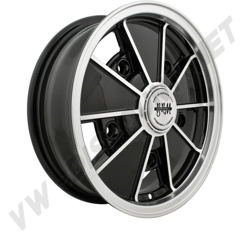 Jante, BRM, Réplique, Noire, Polie, Empi USA, 5x15, 5 Trous, 5x205, Volkswagen, 00-9676-0, Noir Brillant, Bords Polis, Rayons Polis, Capuchon Chromé, Valve Chromée, Cônes à Écrou 60 Degrés.