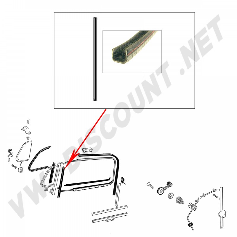 Guides de vitre en feutrine, petit modèle, pour Volkswagen 08/1964 - 12/1977 & 08/1967 - 07/1979, Réf. 311837433A