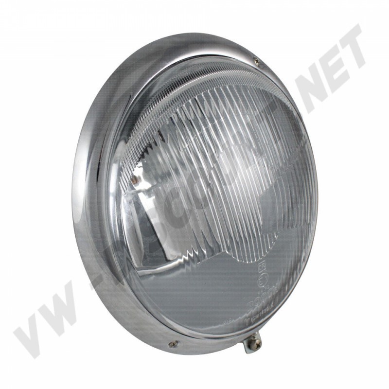 Phare complet, verre Bosch, VW Type 1, Porsche 356, LHD, qualité allemande, cerclage, verre asymétrique, design moderne, ampoules de type code européen, restauration, authenticité. Référence: 111941021A-BOSH.