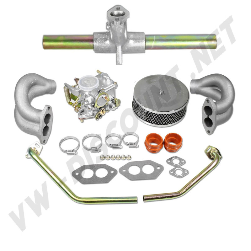 kit carburation, 34 PICT-3, pipe double admission, Volkswagen, Coccinelle, Karmann-Ghia, Combi, filtre à air chromé, durite tressée renforcée, colliers inox.