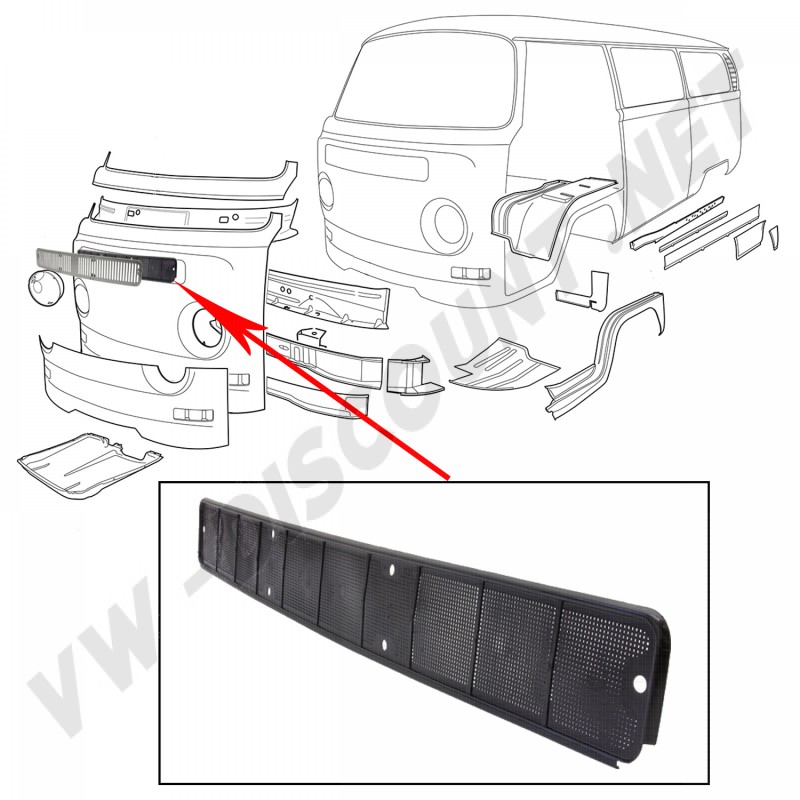 Grille plastique de calandre, VW Combi, VW Transporter T2, 73-79, Partie centrale, Grille mesh, Matière plastique, Protection du radiateur, Circulation d'air optimale, Noir.