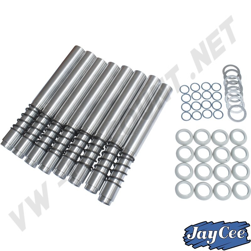 tubes à enveloppes réglables, JC-9104-0, Coccinelle, Karmann-Ghia, Combi, 1300, 1500, 1600, aluminium, argent, tubes de culbuteurs, diamètre interne, performance du moteur, étanchéité, montage des rampes décalées, États-Unis.