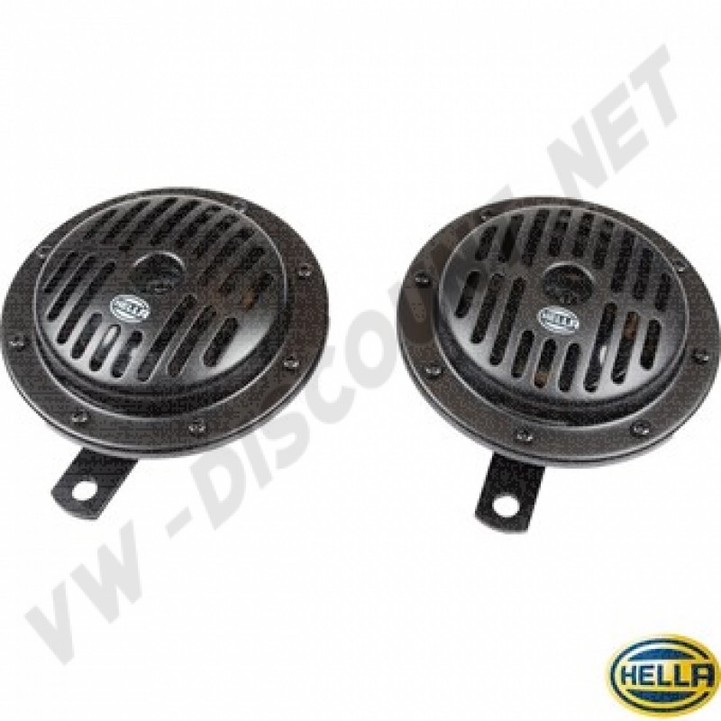 Kit Klaxons 12V, 310Hz, 380Hz, Noir, Marque Hella Origine, Homologué E-type, AC951210, AC 951 210, Polyvalent, 12V.