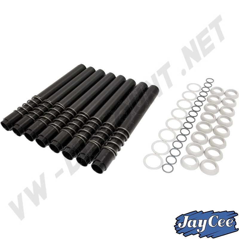 Tubes enveloppes télescopiques, noir réglables, Jay Cee, aluminium, 8 pièces, culasse, étanche, moteur, rampes décalées, finition noire anodisée, joints toriques, JC-9102-0, JC91020.